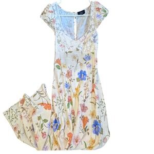 VICI Floral Lace Bodice Open Back Maxi Dress Cream Blue Orange Womens Medium